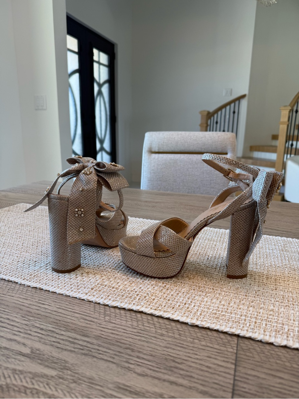 ANTONIO MELANI Taupe Woven Platform Block Heel Sandals with Ankle Bow